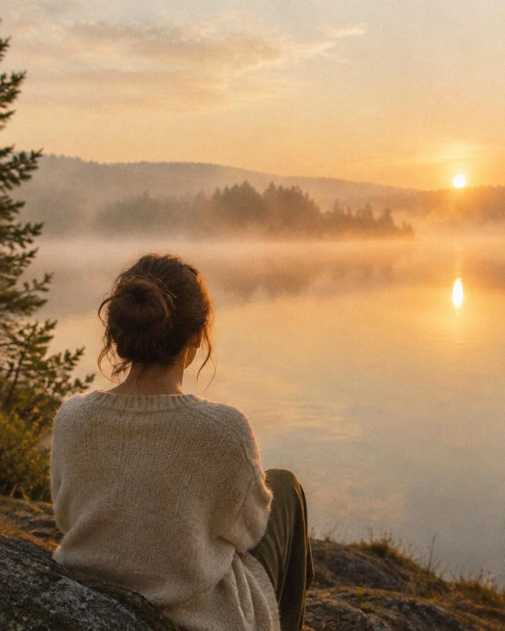 A woman looking out at a calm lake at dawn