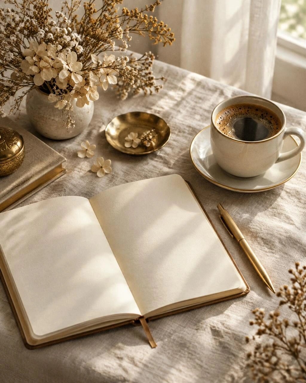 An open journal, a gold pen, a coffee cup and dried flowers on linen