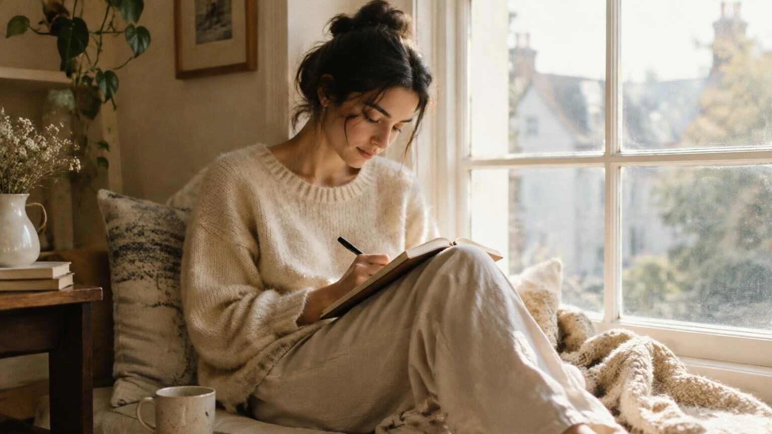 A woman journaling on a window seat in morning light