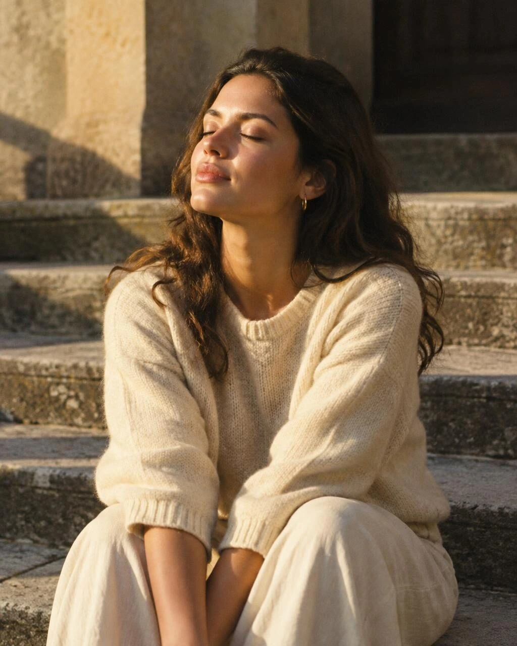 A woman sitting on stone steps with sunlight on her face
