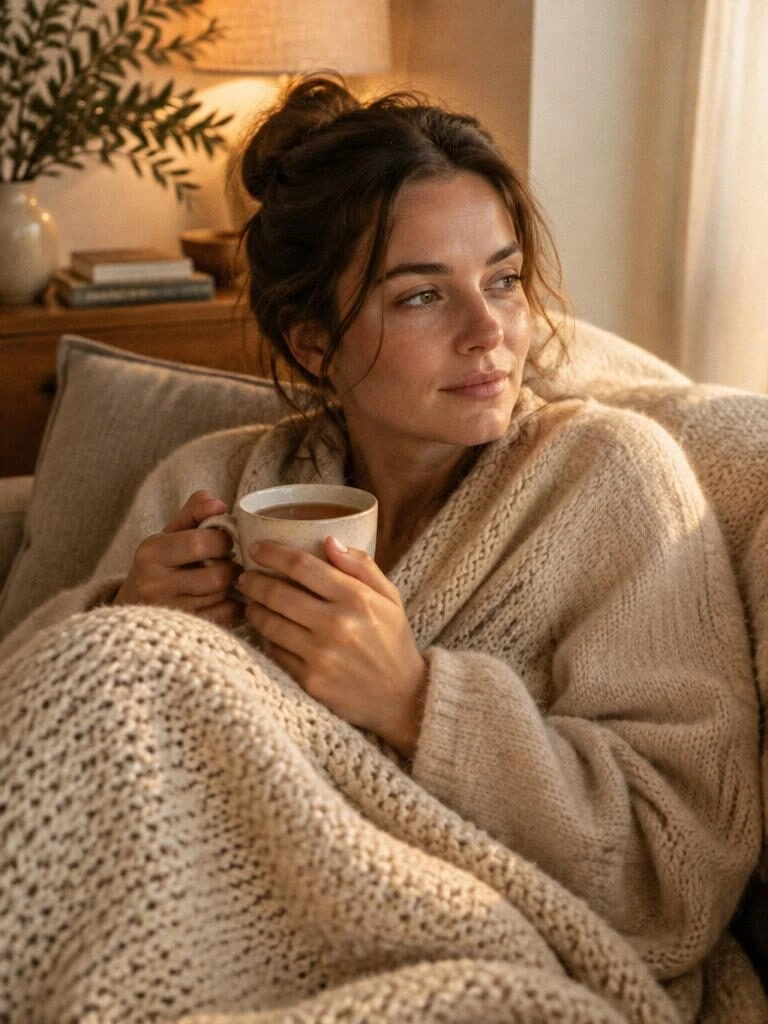 A woman resting with a cup of tea under a knit blanket