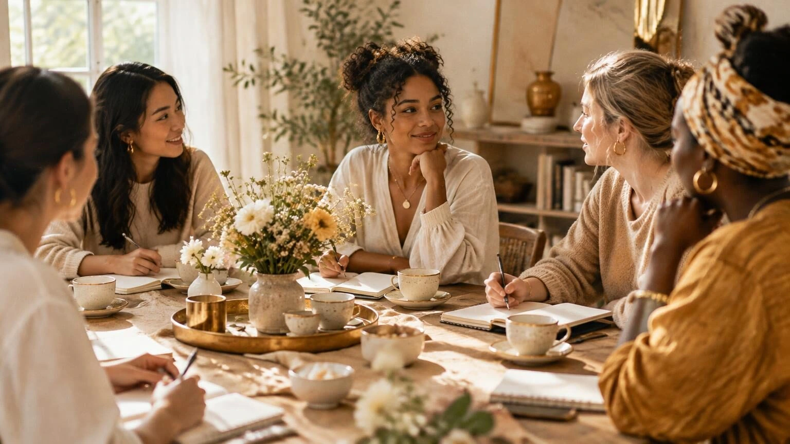 Women gathered around a table with notebooks, tea and flowers