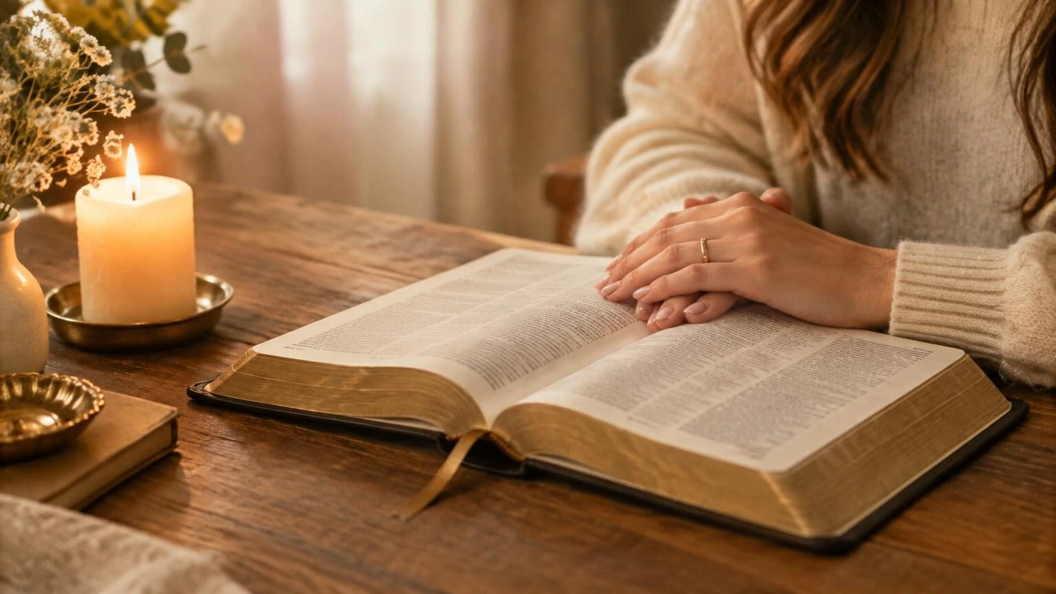 A woman's hands resting on an open Bible beside a lit candle