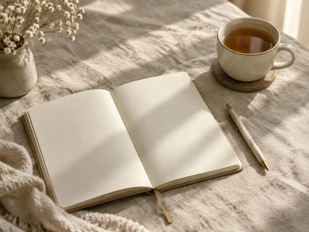 An open notebook and pen on linen beside a cup of tea