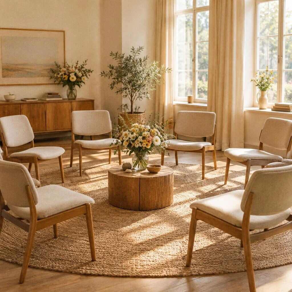 A community room set for a gathering with chairs in a circle and fresh flowers