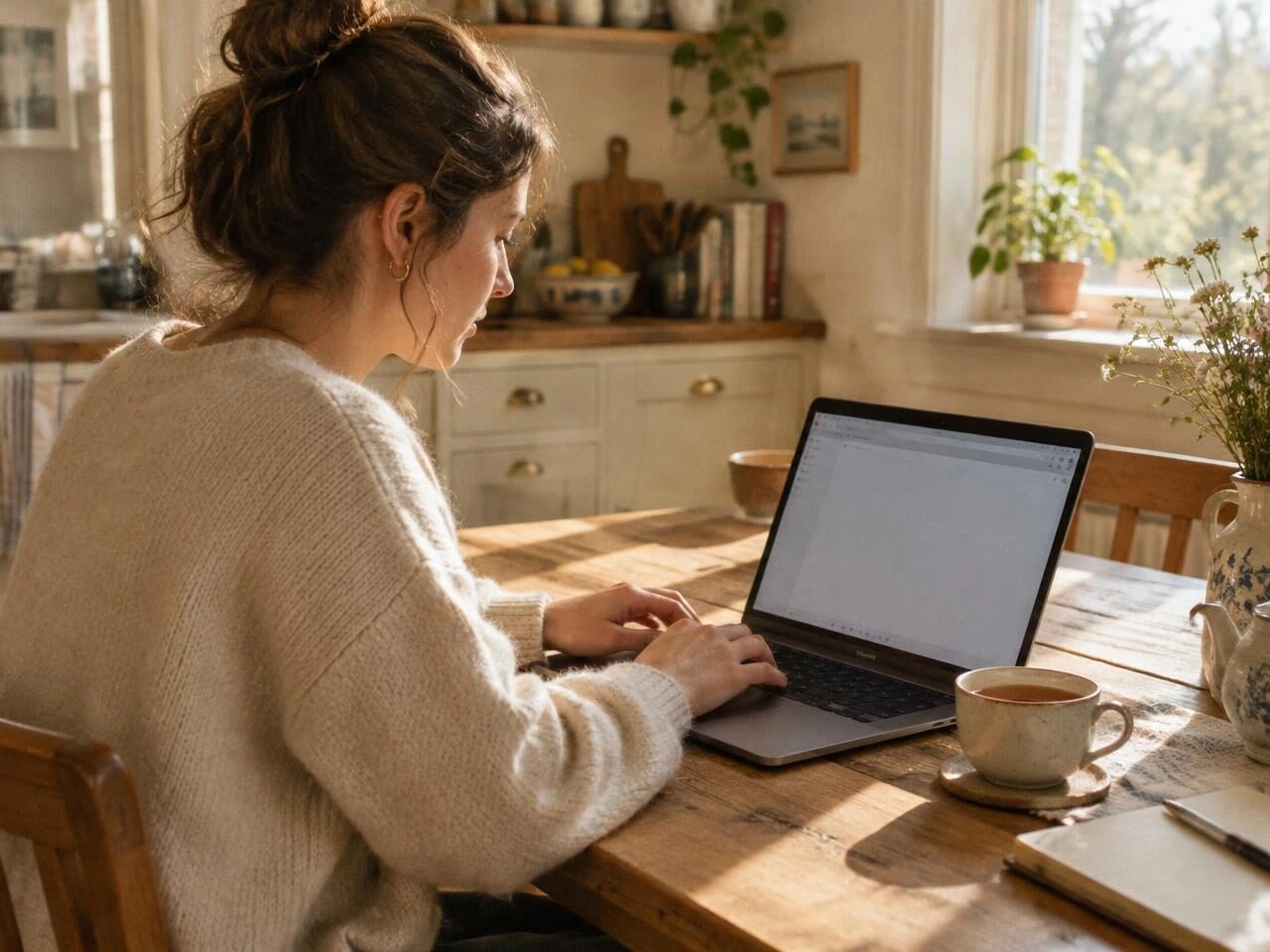 A woman writing an email on her laptop at a kitchen table with tea