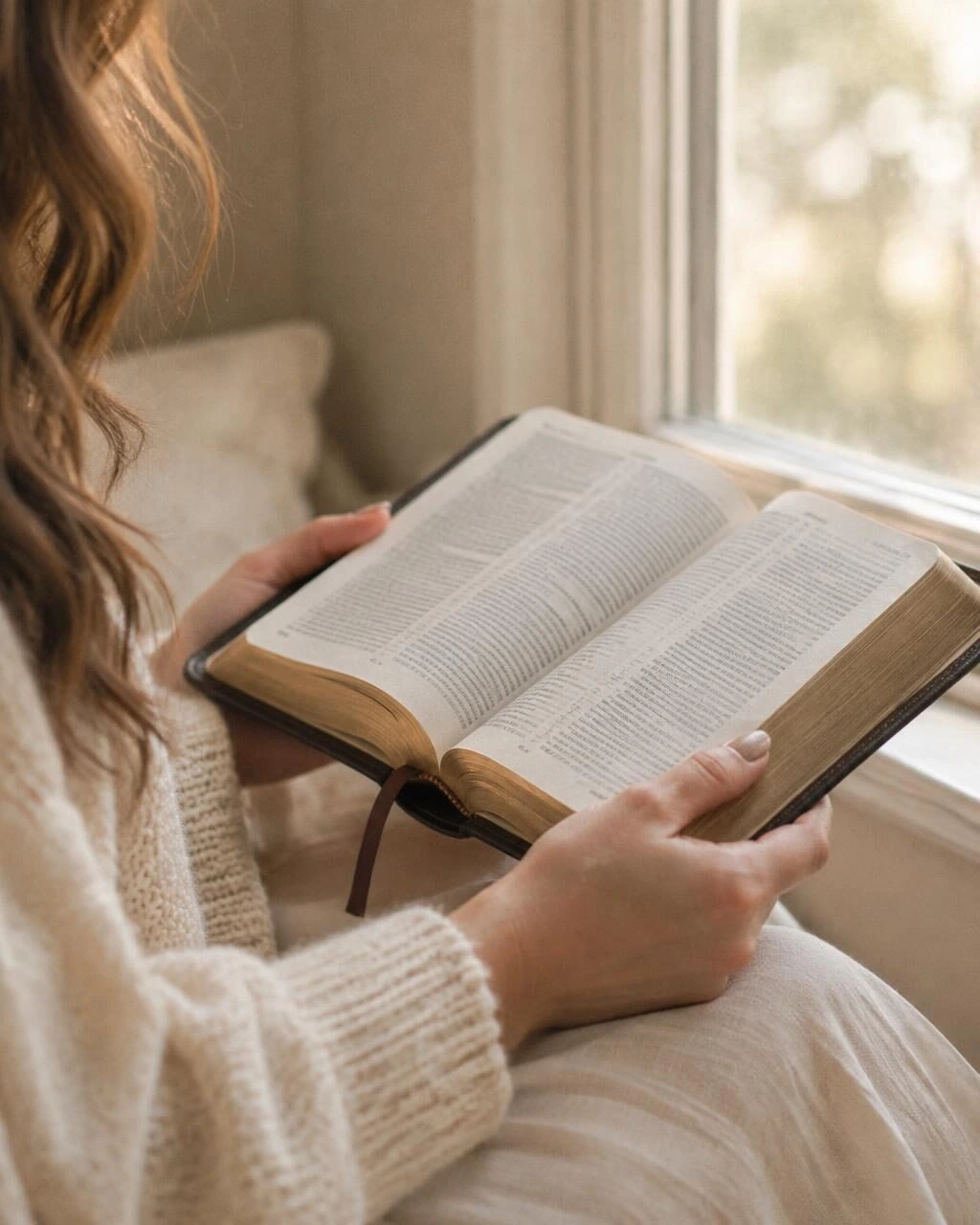 Hands holding an open Bible near a window