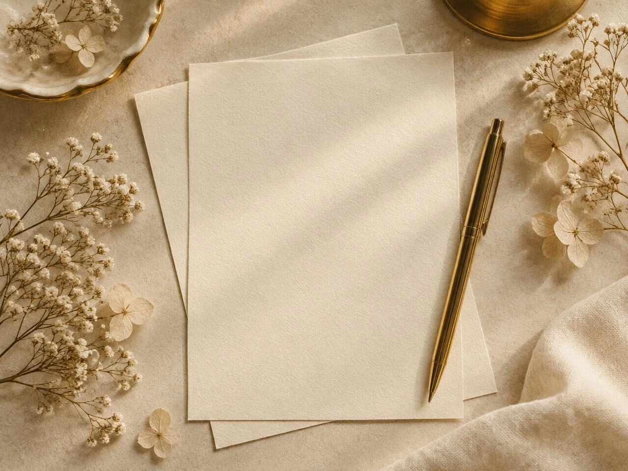 Blank cream paper sheets with a gold pen and dried flowers