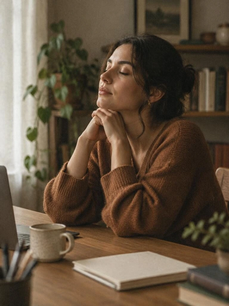 A woman pausing at her desk with her eyes closed