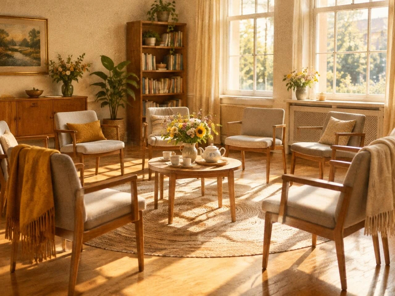 A welcoming circle of chairs with flowers and a teapot in a sunlit room