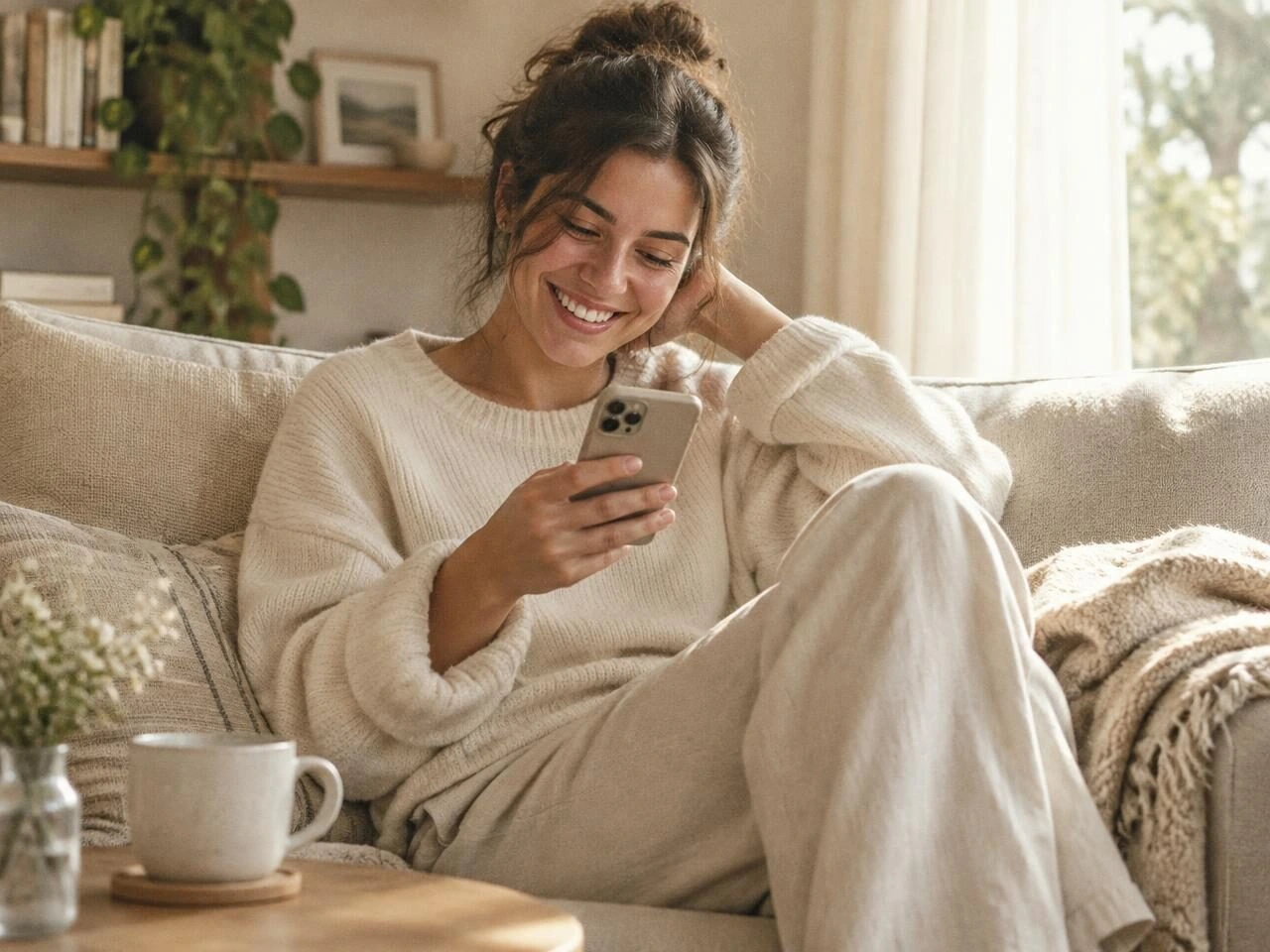 A woman smiling at a message on her phone while sitting on a sofa