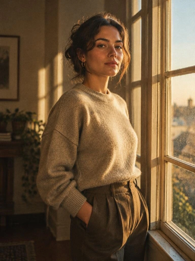 A woman standing confidently by a window in warm light