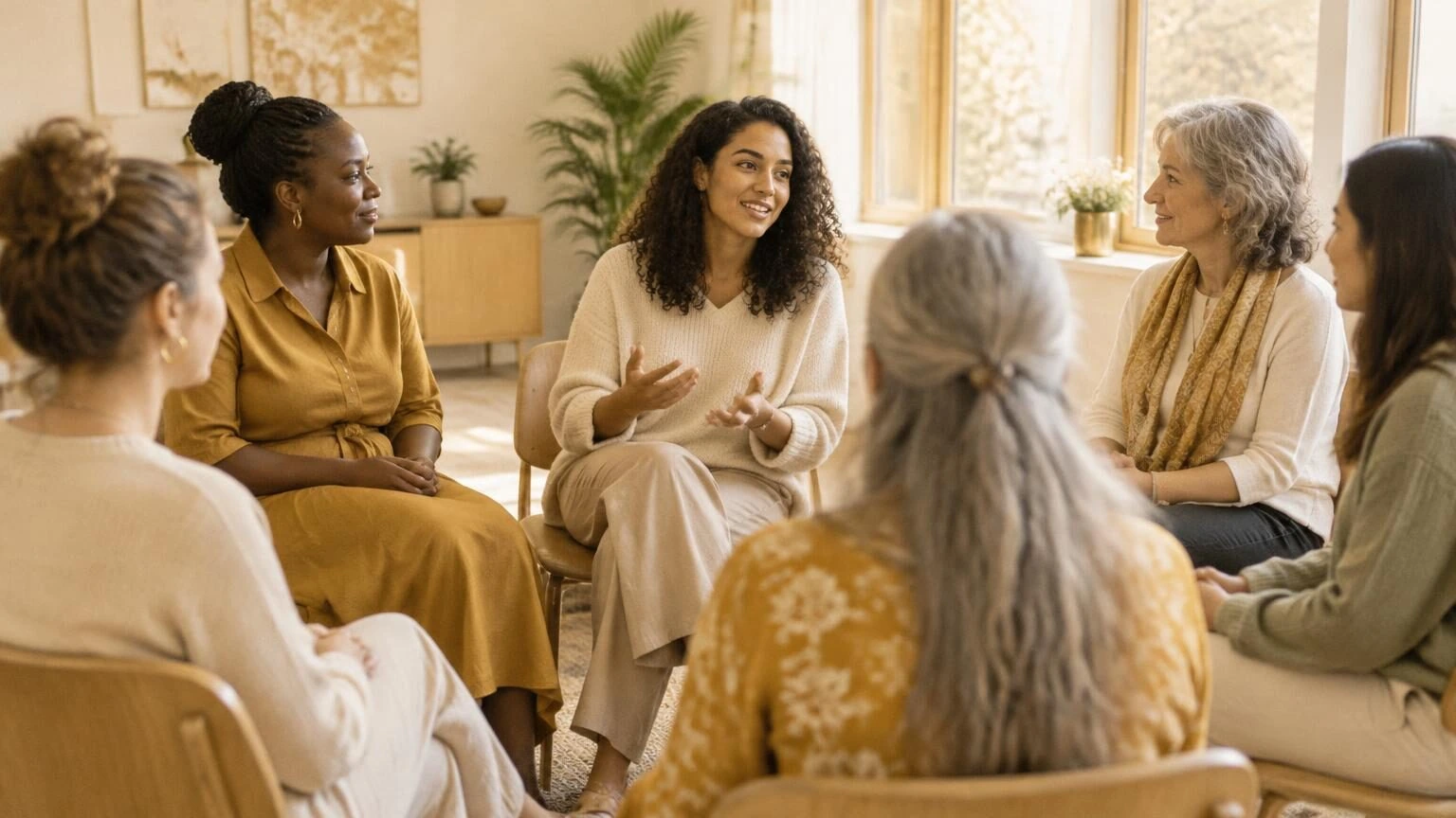 Women talking together in a circle of chairs in a bright community room