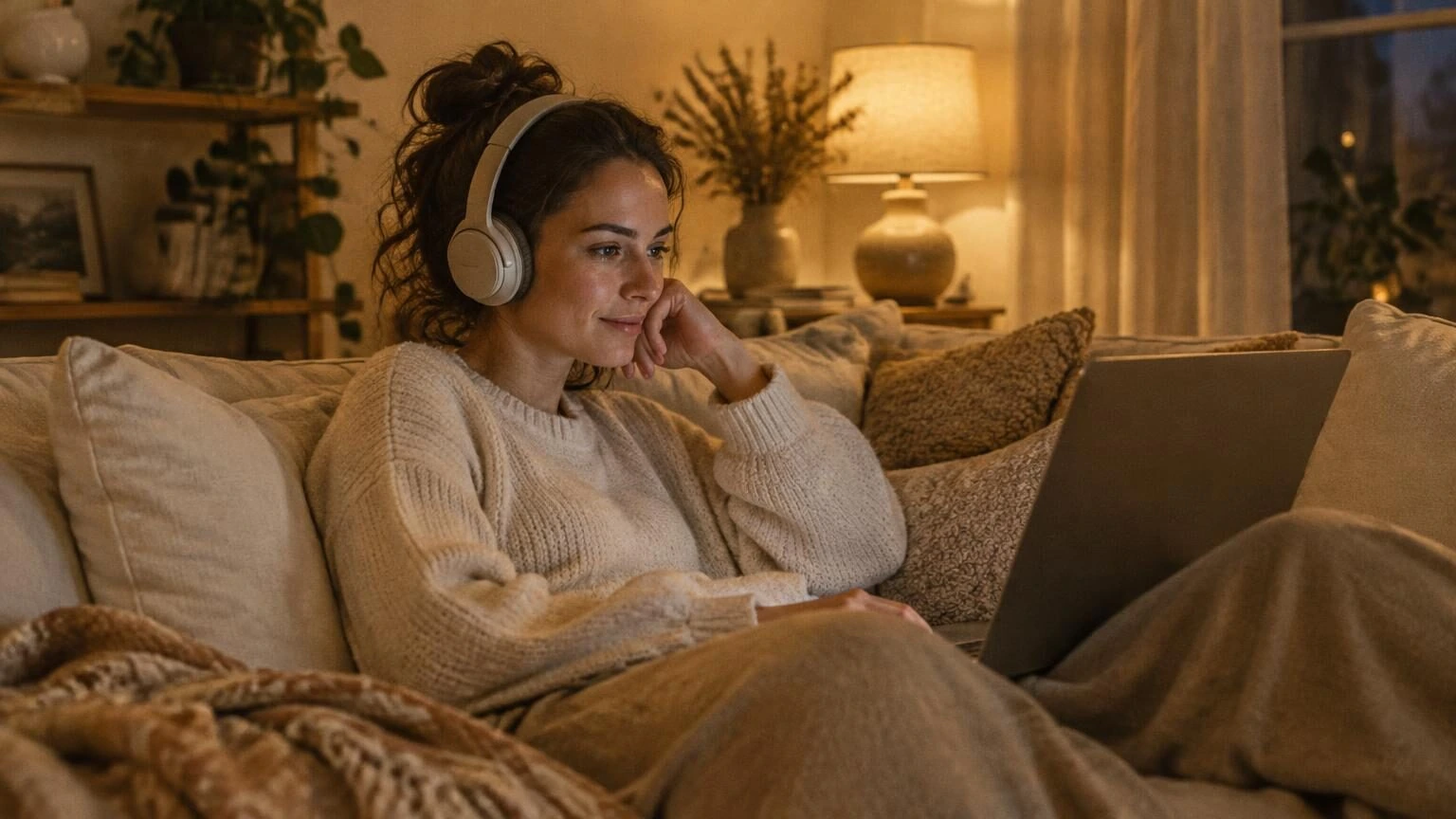 A woman on a cozy sofa watching a video on her laptop with headphones