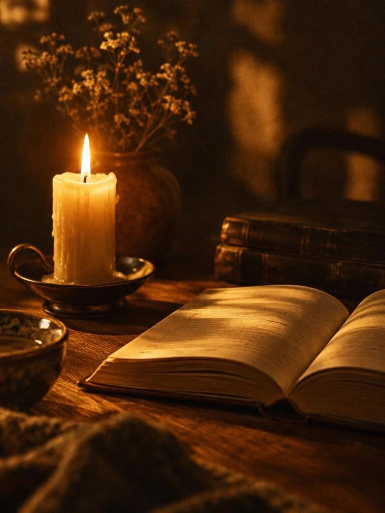 A lit candle beside an open book in golden light